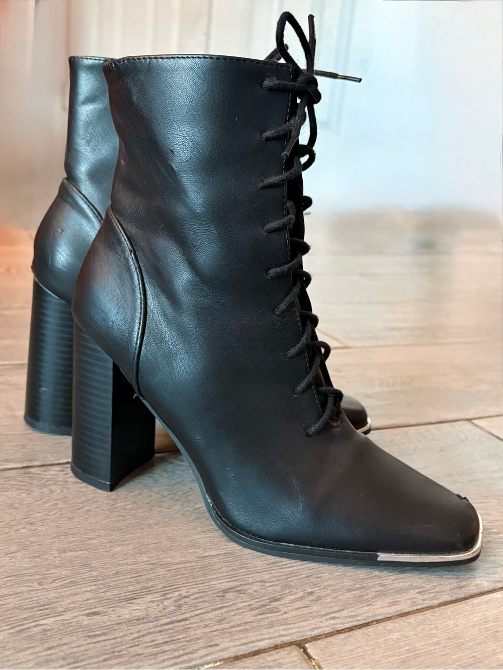 Top Moda Square Toe Block Heel Combat Dress Boots Black Womens 8